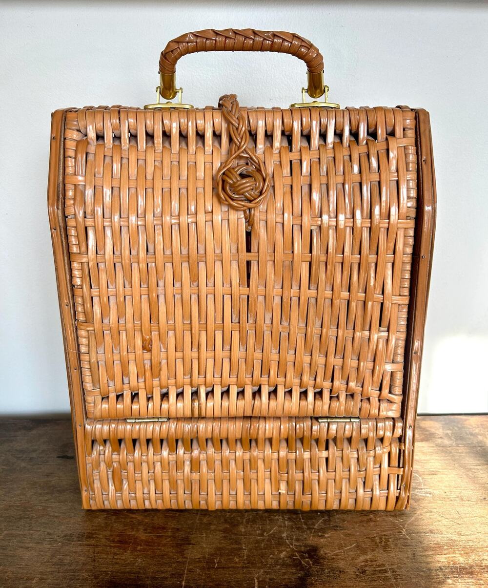 Vintage Wicker Wine Bottle Carrier Picnic Basket, Mid Century Barware Decor